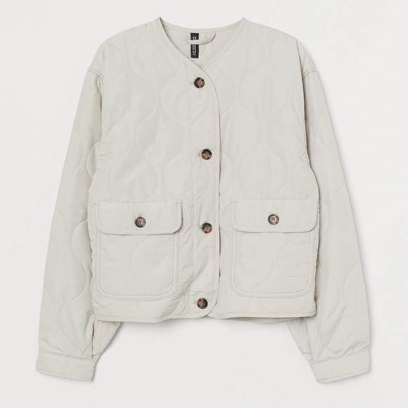H&M - Quilted Taupe Brown ButtonFront Pockets Long Sleeve Lightweight Jacket XS - Picture 1 of 11